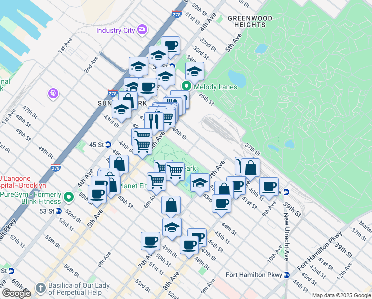 map of restaurants, bars, coffee shops, grocery stores, and more near 619 41st Street in Brooklyn