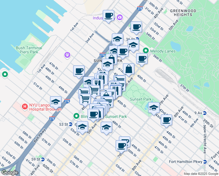 map of restaurants, bars, coffee shops, grocery stores, and more near 446 45th Street in Brooklyn