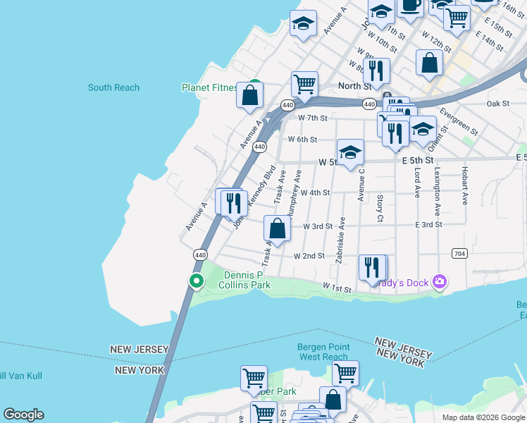 map of restaurants, bars, coffee shops, grocery stores, and more near 53 Trask Avenue in Bayonne