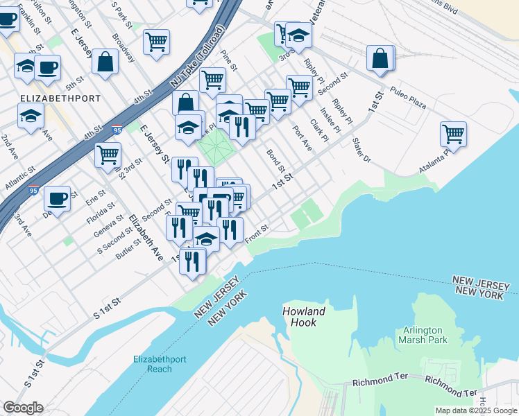 map of restaurants, bars, coffee shops, grocery stores, and more near 77 Broadway in Elizabeth