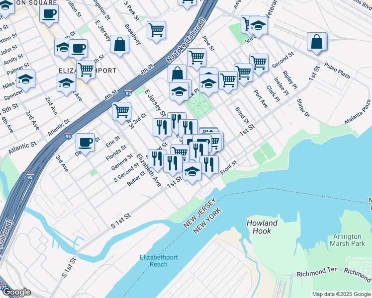 map of restaurants, bars, coffee shops, grocery stores, and more near 116 East Jersey Street in Elizabeth