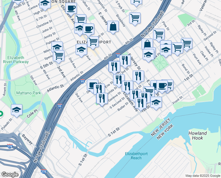 map of restaurants, bars, coffee shops, grocery stores, and more near 25 Geneva Street in Elizabeth