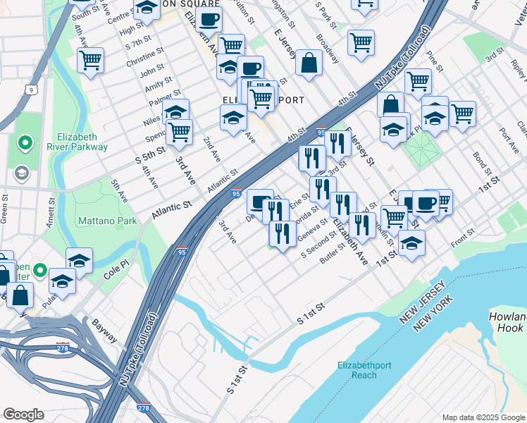 map of restaurants, bars, coffee shops, grocery stores, and more near 300 2nd Avenue in Elizabeth