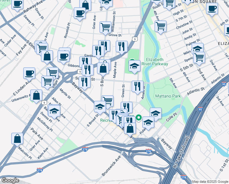 map of restaurants, bars, coffee shops, grocery stores, and more near 648 Maple Avenue in Elizabeth
