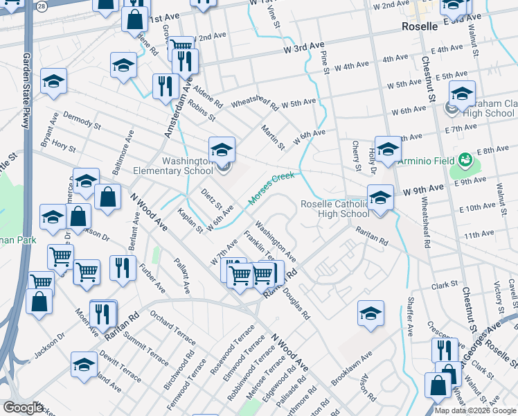 map of restaurants, bars, coffee shops, grocery stores, and more near 5 Colonial Road in Roselle