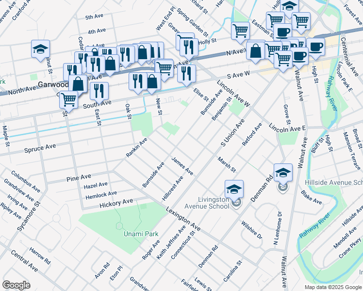 map of restaurants, bars, coffee shops, grocery stores, and more near 11 New Street in Cranford