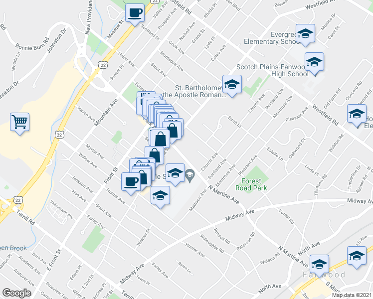 map of restaurants, bars, coffee shops, grocery stores, and more near 536 Park Avenue in Scotch Plains