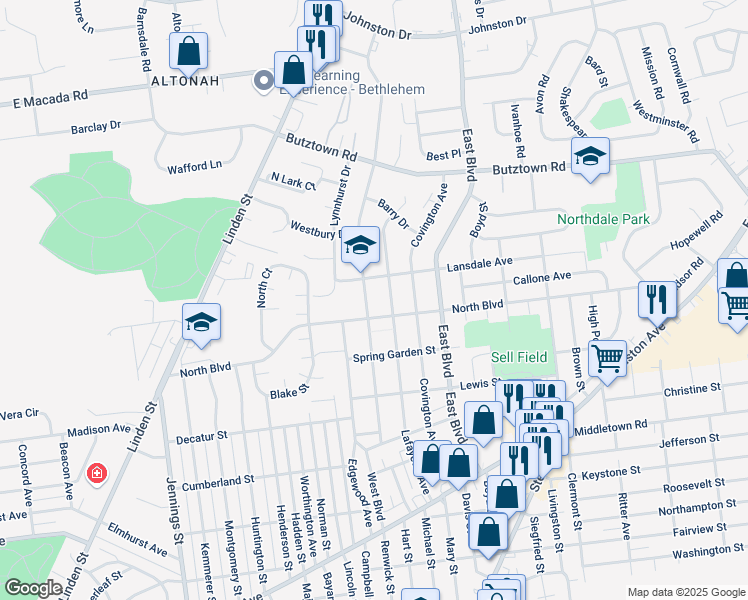 map of restaurants, bars, coffee shops, grocery stores, and more near 1256 North Boulevard in Bethlehem