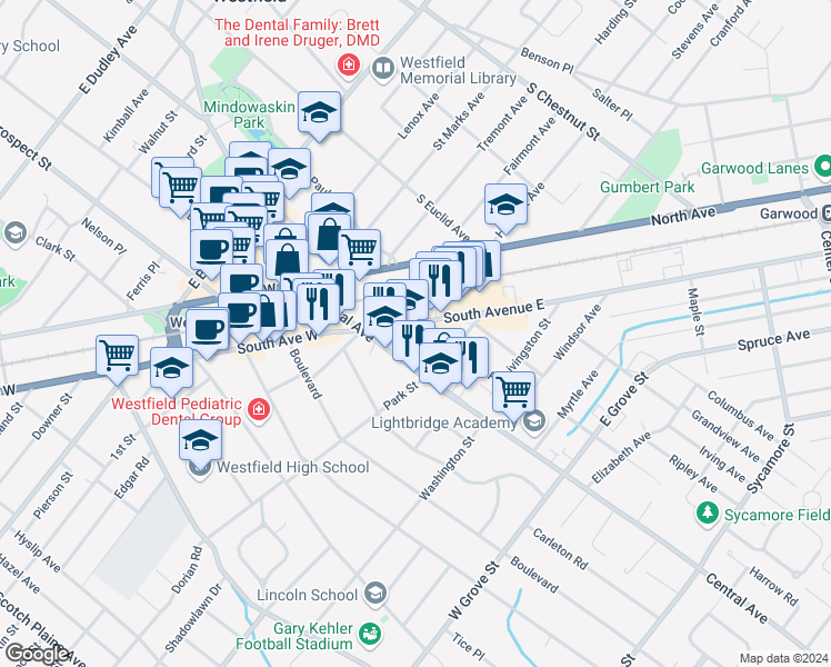map of restaurants, bars, coffee shops, grocery stores, and more near 124 Sussex Street in Westfield