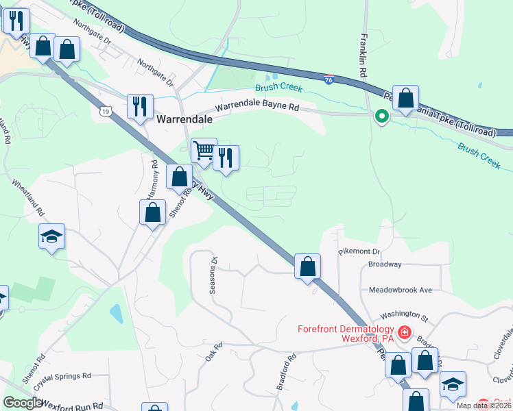 map of restaurants, bars, coffee shops, grocery stores, and more near 210 Fowler Road in Warrendale