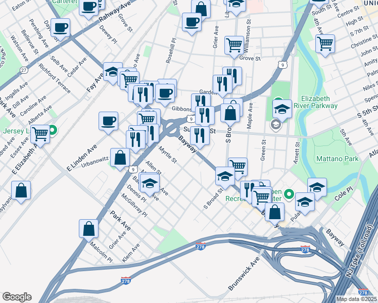 map of restaurants, bars, coffee shops, grocery stores, and more near 727 Grier Avenue in Elizabeth