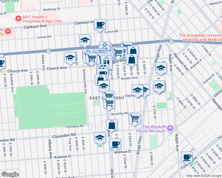 map of restaurants, bars, coffee shops, grocery stores, and more near 5101 Tilden Avenue in Brooklyn