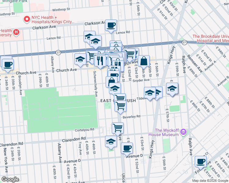 map of restaurants, bars, coffee shops, grocery stores, and more near 1014 Utica Avenue in Brooklyn