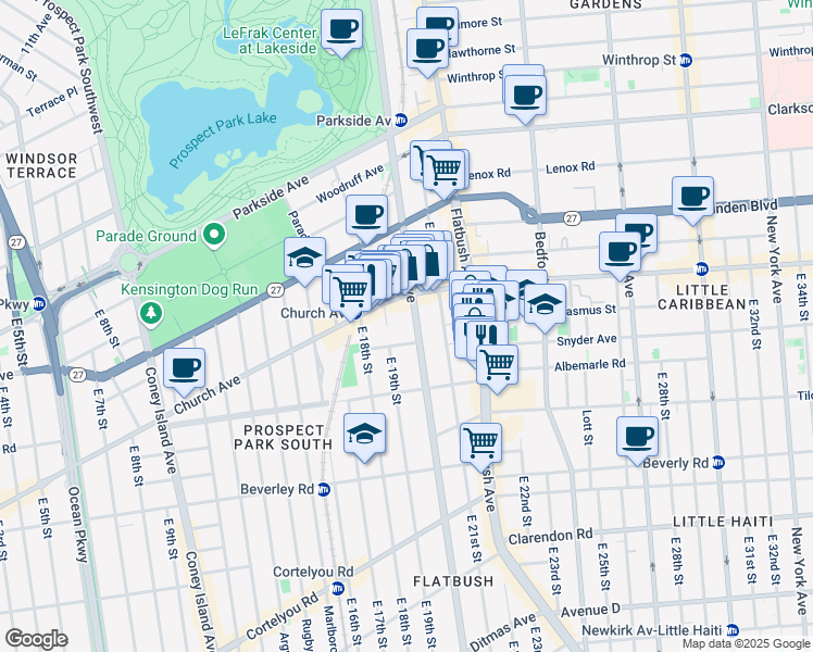 map of restaurants, bars, coffee shops, grocery stores, and more near 550 Ocean Avenue in Brooklyn