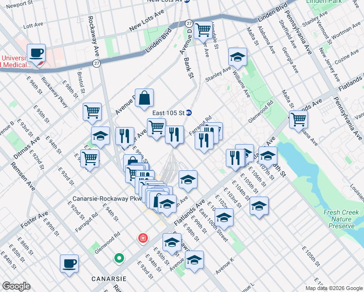 map of restaurants, bars, coffee shops, grocery stores, and more near 639 East 102nd Street in Brooklyn
