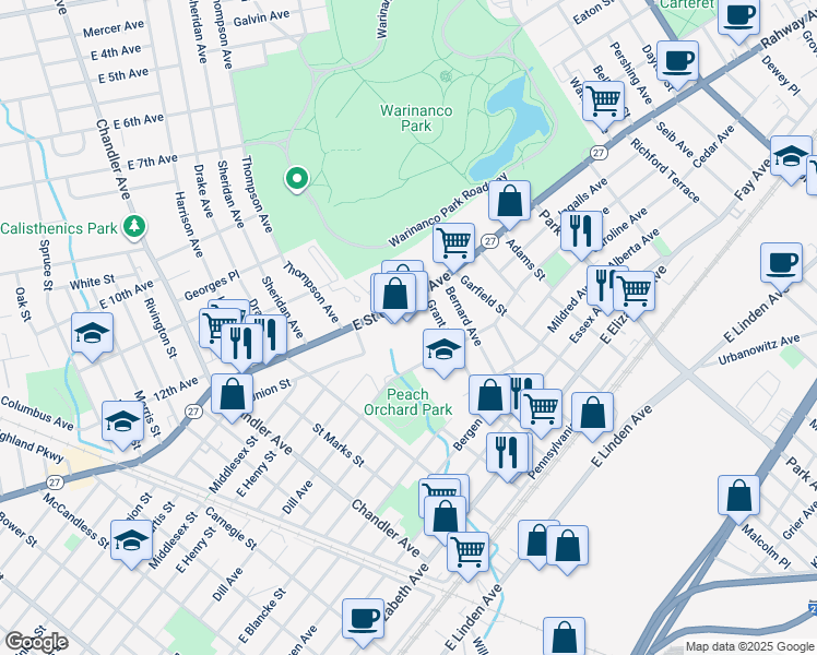 map of restaurants, bars, coffee shops, grocery stores, and more near 1601 Dill Avenue in Linden