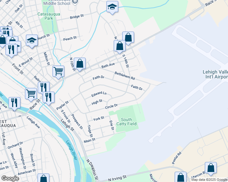 map of restaurants, bars, coffee shops, grocery stores, and more near 640 South 14th Street in Catasauqua