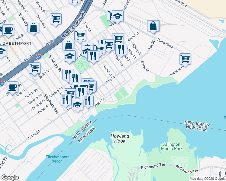 map of restaurants, bars, coffee shops, grocery stores, and more near 17 Harbor Front Plaza in Elizabeth