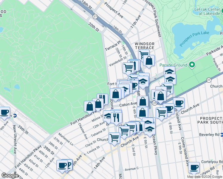 map of restaurants, bars, coffee shops, grocery stores, and more near 221 McDonald Avenue in Brooklyn