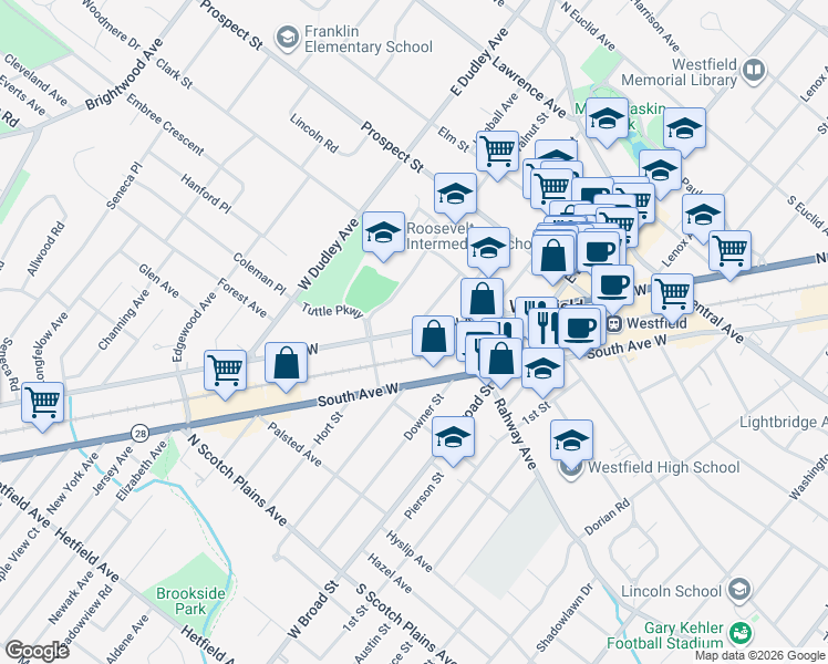 map of restaurants, bars, coffee shops, grocery stores, and more near 701 North Avenue West in Westfield