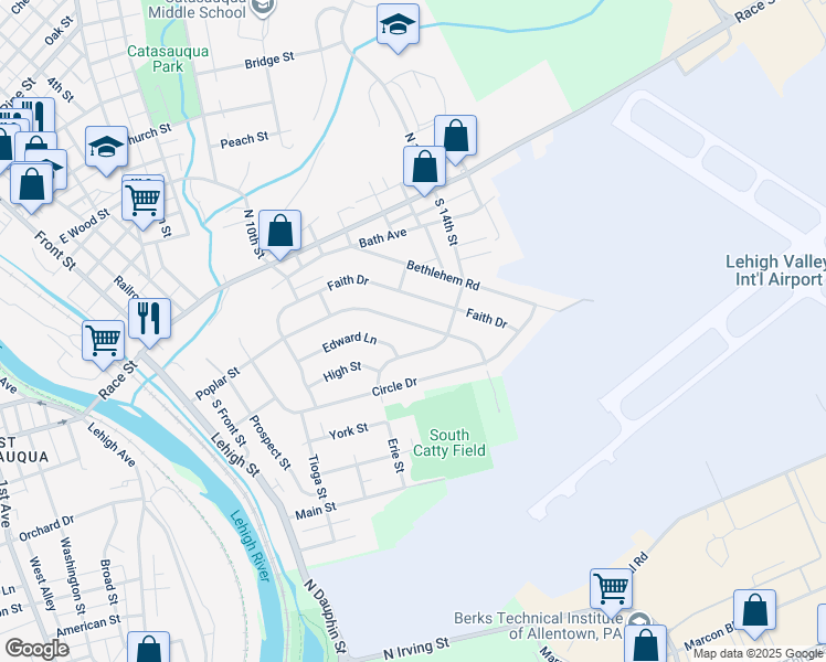 map of restaurants, bars, coffee shops, grocery stores, and more near 615 South 14th Street in Catasauqua