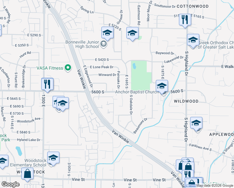 map of restaurants, bars, coffee shops, grocery stores, and more near 1684 East 5600 South in Holladay