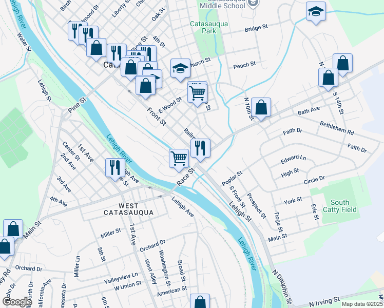map of restaurants, bars, coffee shops, grocery stores, and more near 74 Race Street in Catasauqua