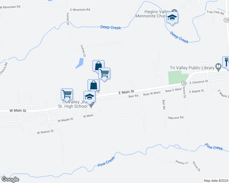 map of restaurants, bars, coffee shops, grocery stores, and more near 226 East Main Street in Hegins