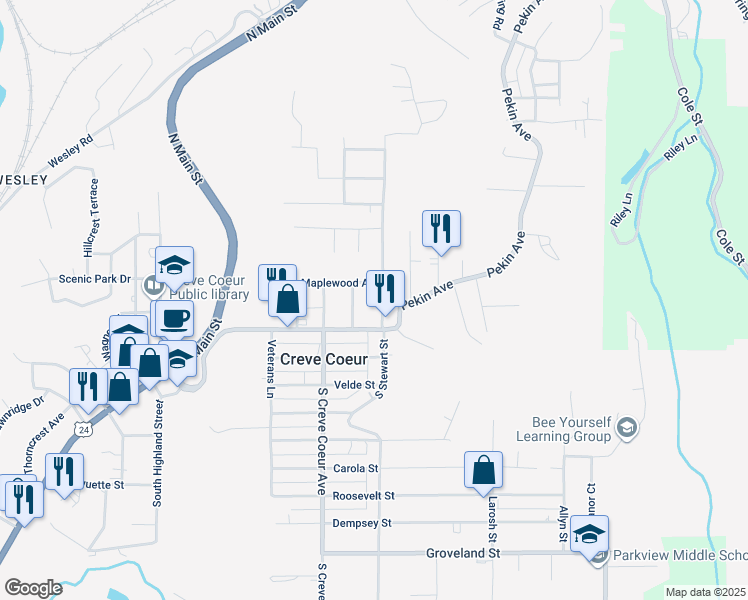 map of restaurants, bars, coffee shops, grocery stores, and more near 115 N Stewart St in Creve Coeur