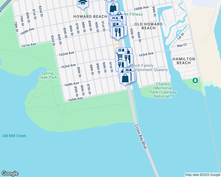 map of restaurants, bars, coffee shops, grocery stores, and more near 89-15 165th Avenue in Queens