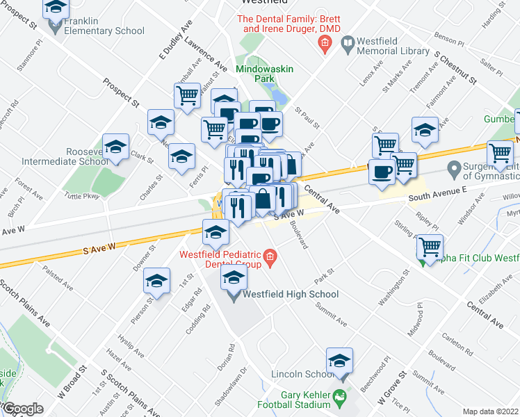 map of restaurants, bars, coffee shops, grocery stores, and more near 300 South Avenue West in Westfield