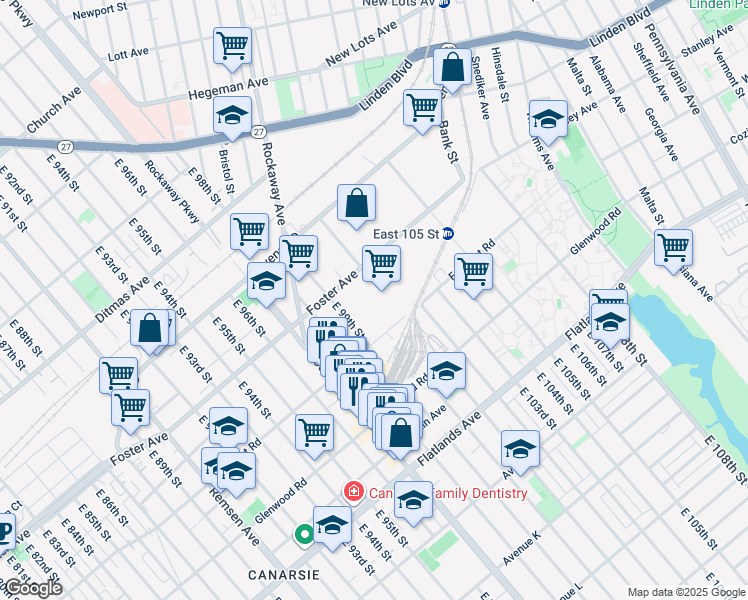 map of restaurants, bars, coffee shops, grocery stores, and more near 10103 Farragut Road in Brooklyn
