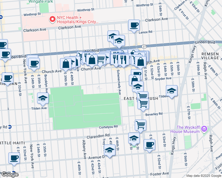 map of restaurants, bars, coffee shops, grocery stores, and more near 524 East 45th Street in Brooklyn