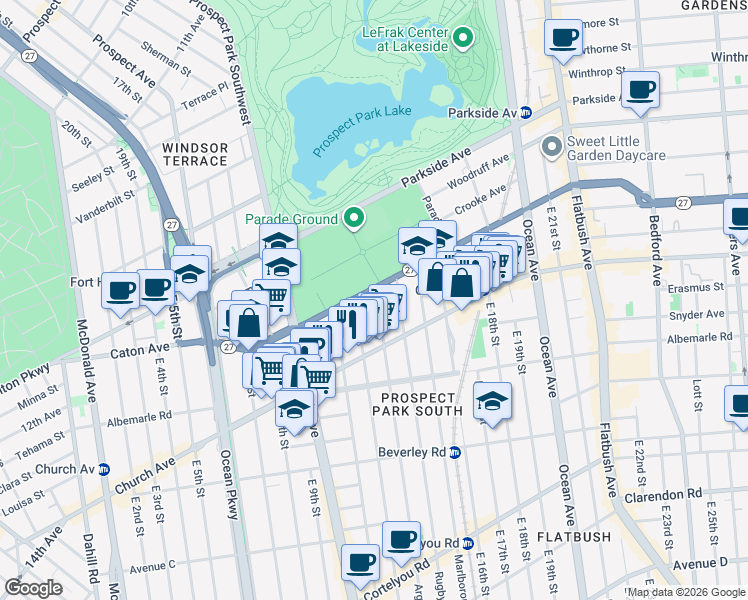 map of restaurants, bars, coffee shops, grocery stores, and more near 40 Argyle Road in Brooklyn