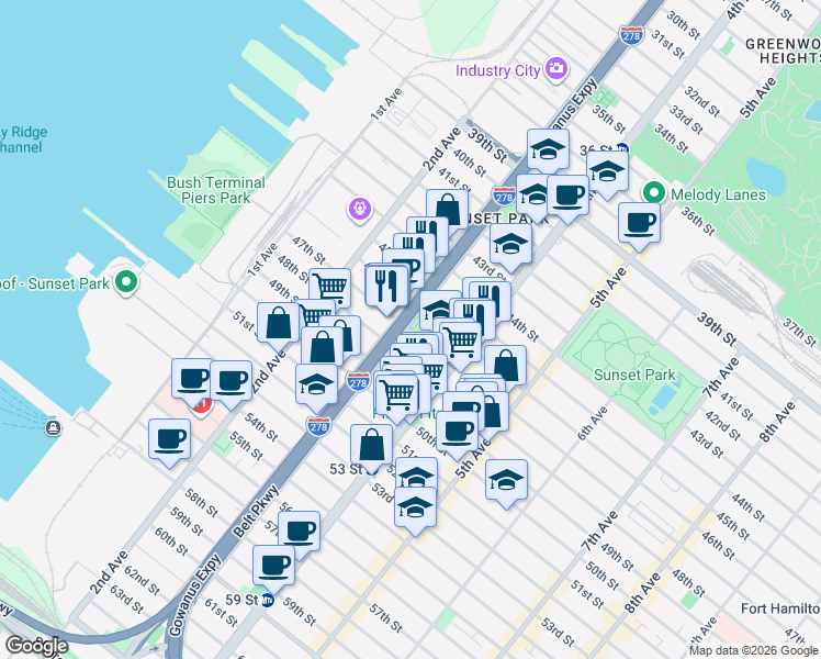 map of restaurants, bars, coffee shops, grocery stores, and more near 322 48th Street in Brooklyn