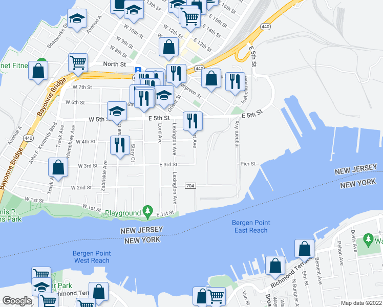 map of restaurants, bars, coffee shops, grocery stores, and more near 82 East 3rd Street in Bayonne