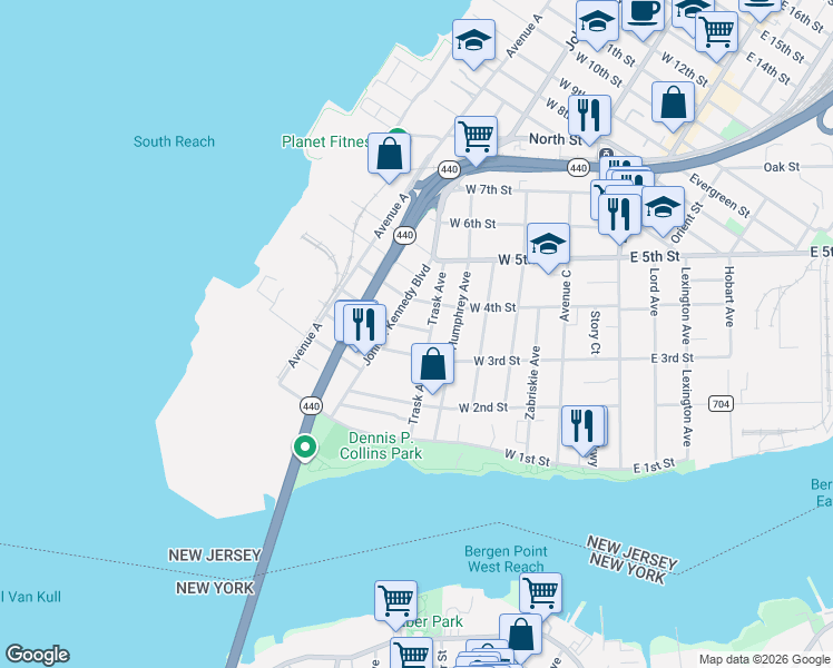 map of restaurants, bars, coffee shops, grocery stores, and more near 53 Trask Avenue in Bayonne