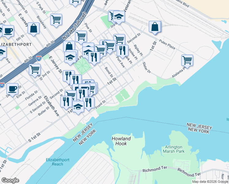 map of restaurants, bars, coffee shops, grocery stores, and more near 17 Harbor Front Plaza in Elizabeth