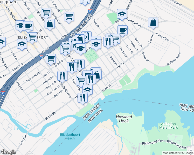 map of restaurants, bars, coffee shops, grocery stores, and more near 121 1st Street in Elizabeth