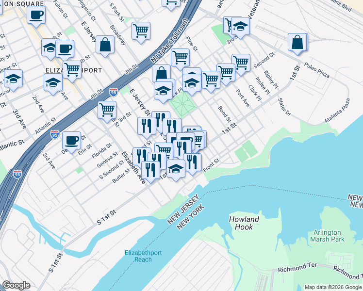 map of restaurants, bars, coffee shops, grocery stores, and more near 116 East Jersey Street in Elizabeth
