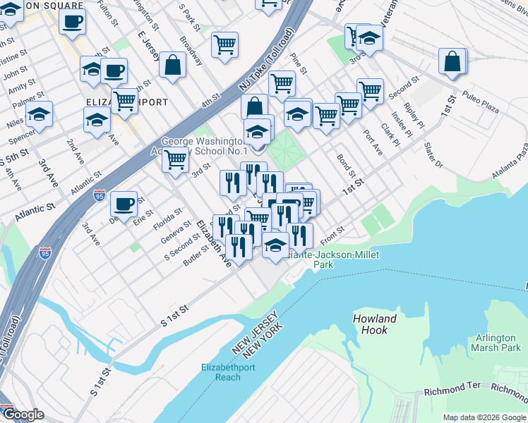 map of restaurants, bars, coffee shops, grocery stores, and more near 116 East Jersey Street in Elizabeth