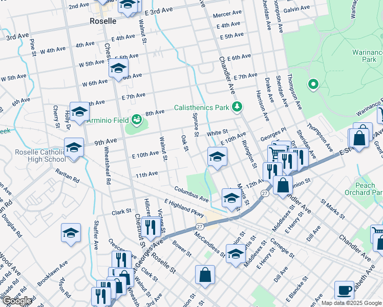 map of restaurants, bars, coffee shops, grocery stores, and more near 1014 Oak Street in Roselle