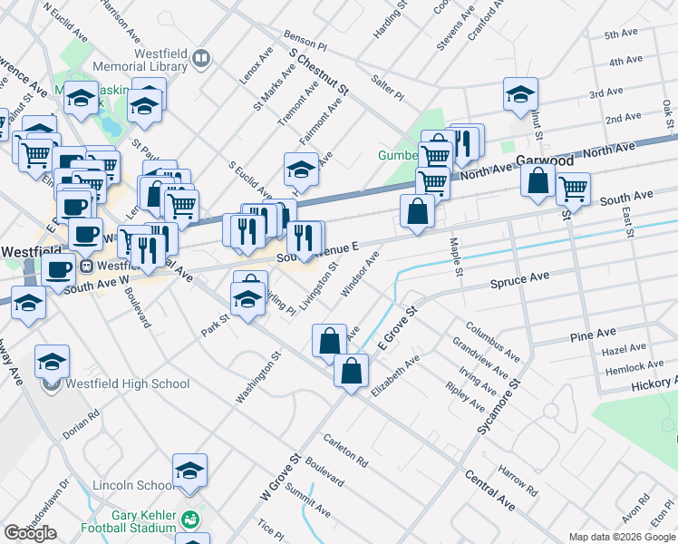 map of restaurants, bars, coffee shops, grocery stores, and more near 247 Windsor Avenue in Westfield