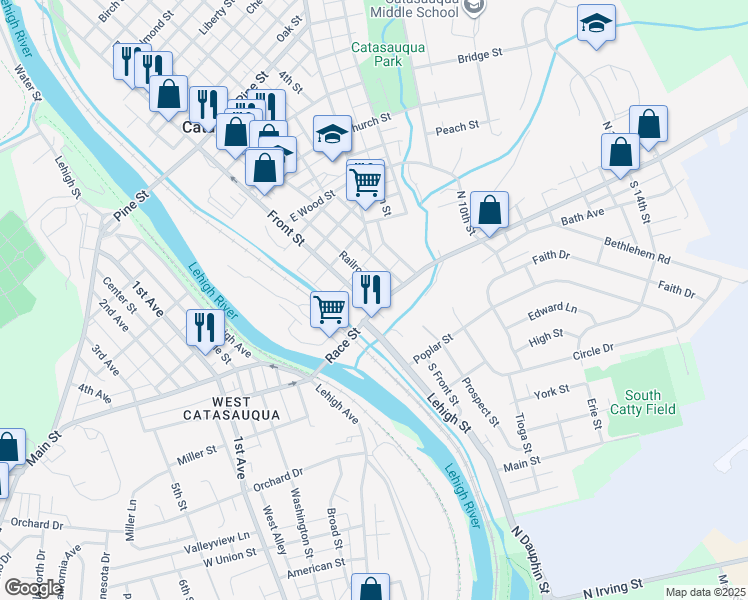 map of restaurants, bars, coffee shops, grocery stores, and more near 21 Race Street in Catasauqua