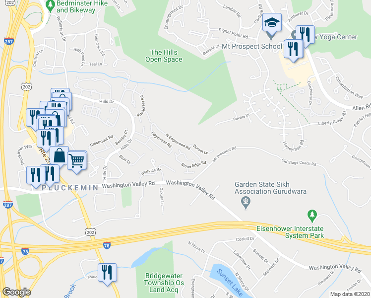 map of restaurants, bars, coffee shops, grocery stores, and more near 94 North Edgewood Road in Bedminster Township