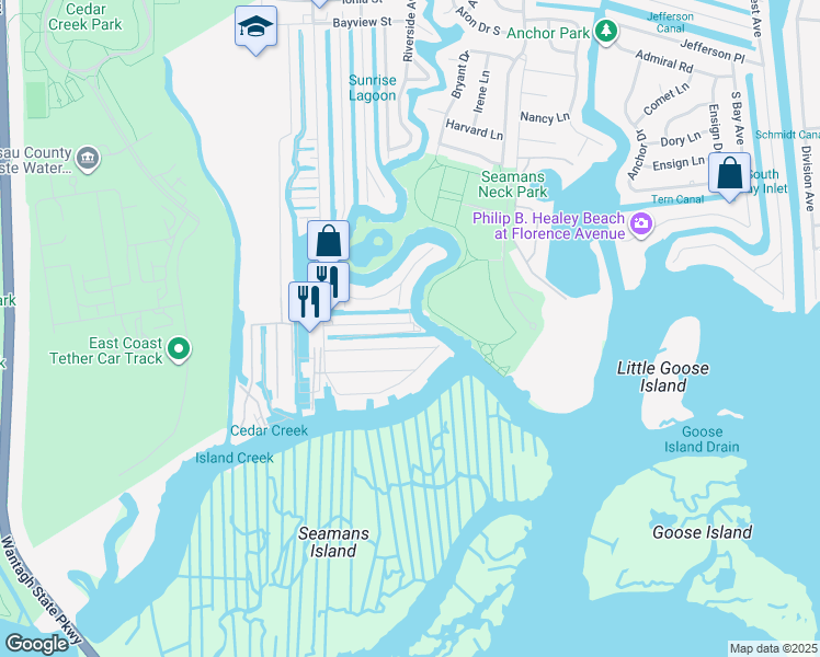 map of restaurants, bars, coffee shops, grocery stores, and more near 3684 Nimrod Street in Seaford