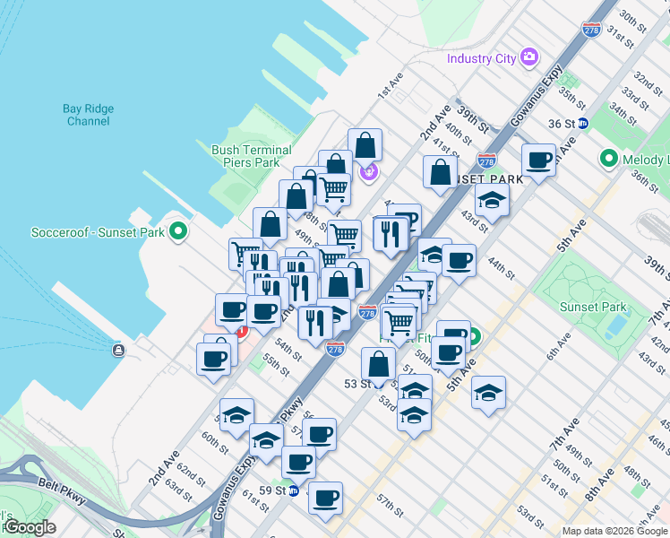 map of restaurants, bars, coffee shops, grocery stores, and more near 240 50th Street in Brooklyn