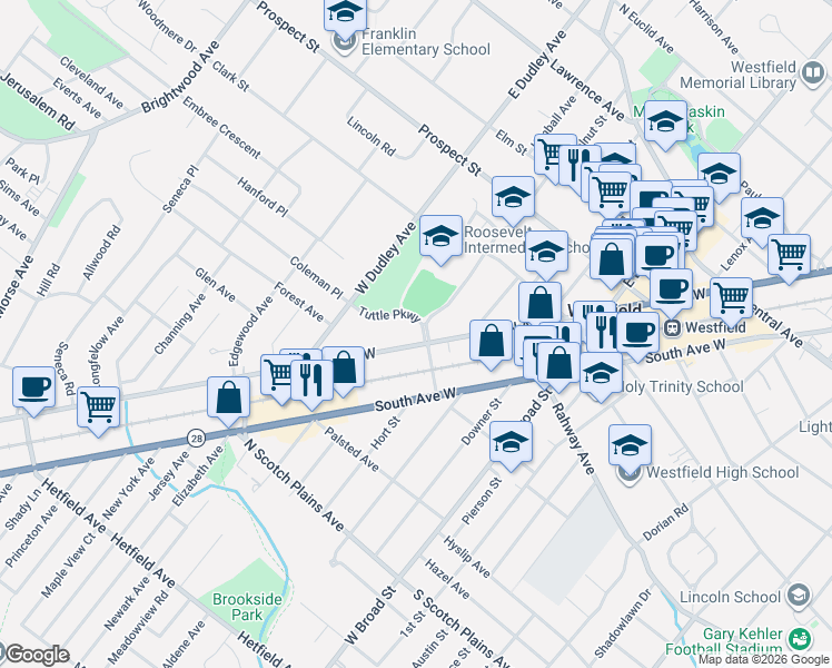 map of restaurants, bars, coffee shops, grocery stores, and more near 817 North Avenue West in Westfield
