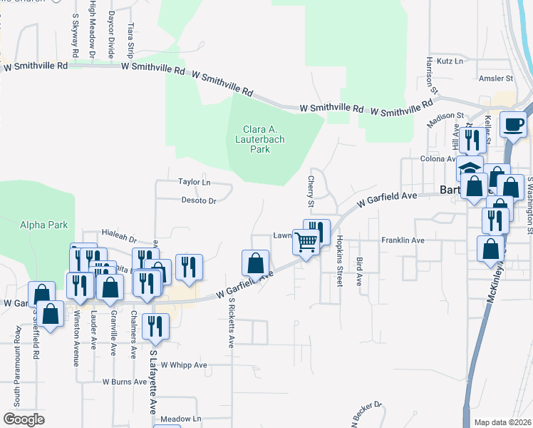 map of restaurants, bars, coffee shops, grocery stores, and more near 201 Lawndale Avenue in Bartonville