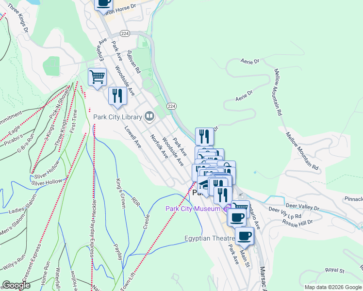 map of restaurants, bars, coffee shops, grocery stores, and more near 973 Woodside Avenue in Park City